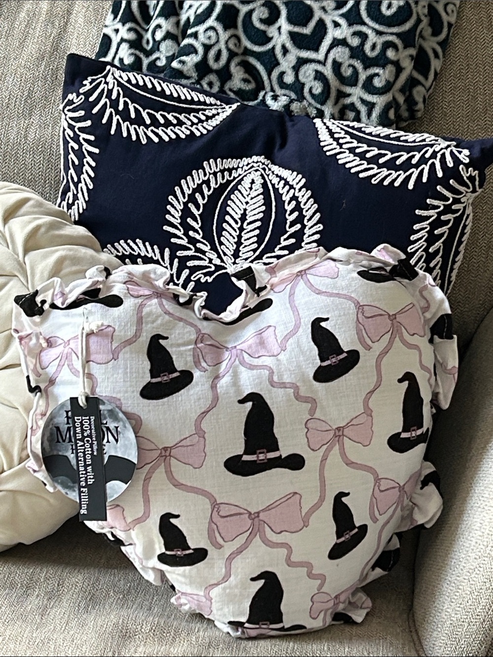 NEW! Gothic Coquette Pink Bow & Black Witch Hat Heart Shaped Ruffle Pillow